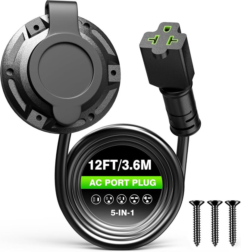 SunnyLith 20A 125V AC Port Plug, 12AWG Heavy-Duty RV Shore Power Inlet Plug with 5-in-1 T-Blade Adapter & 12FT Extension Cord, Waterproof AC Power Inlet Socket Integrated Outdoor Electrical outlet Receptacle - Image 1